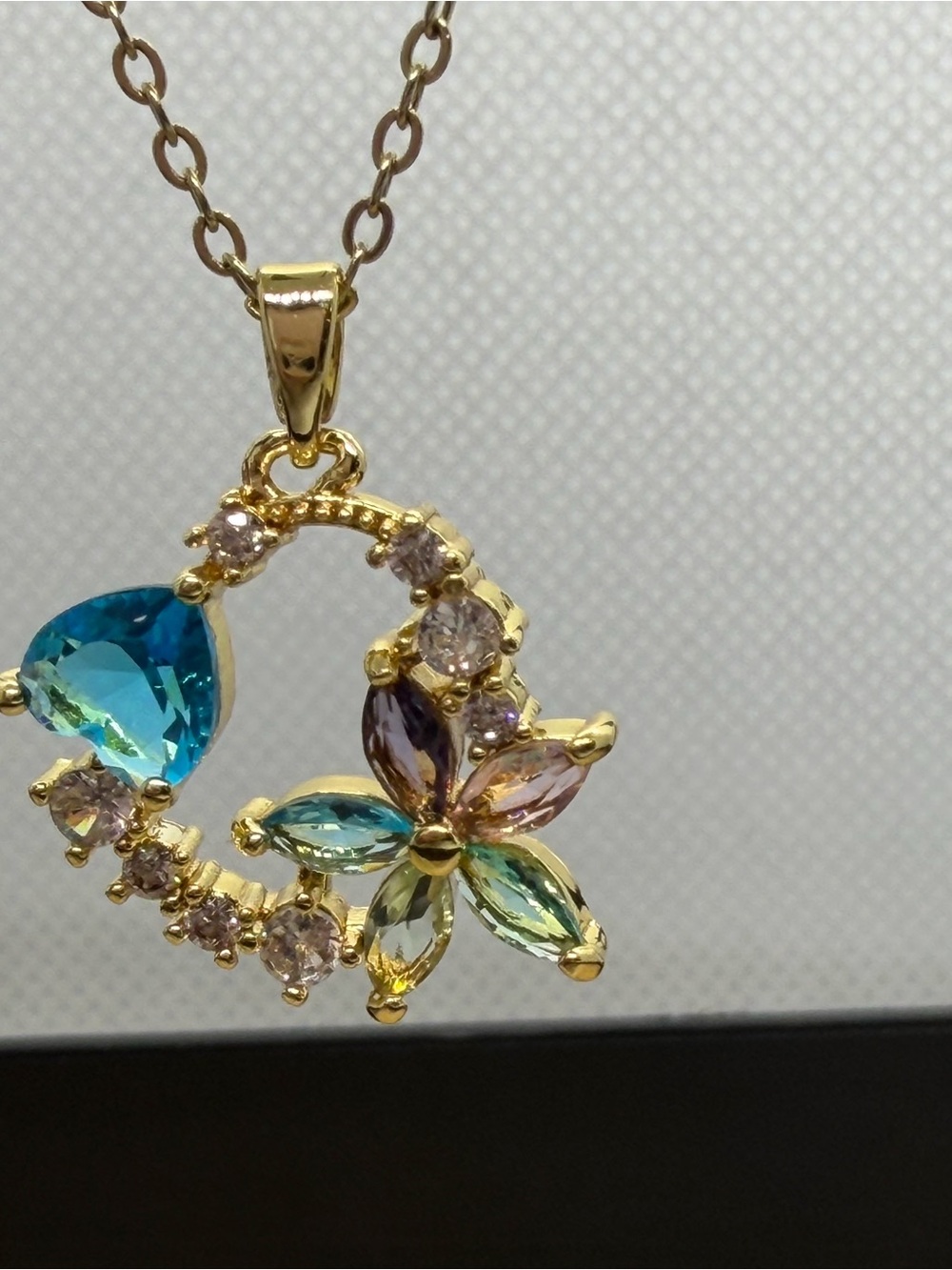 Gold-Tone Multicolor Flower & Teardrop Pendant Necklace - Blue, Pink, Green - Picture 2 of 4